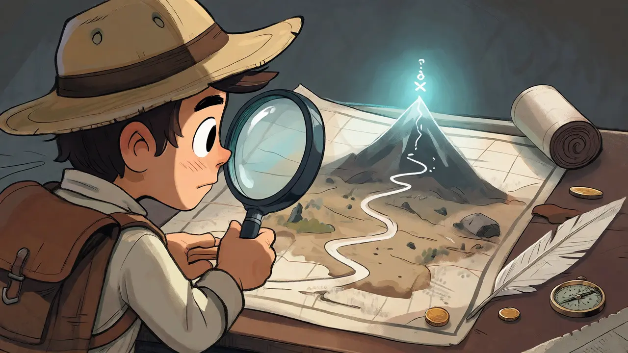 Explorer examining a map with a magnifying glass in a cozy study setting.