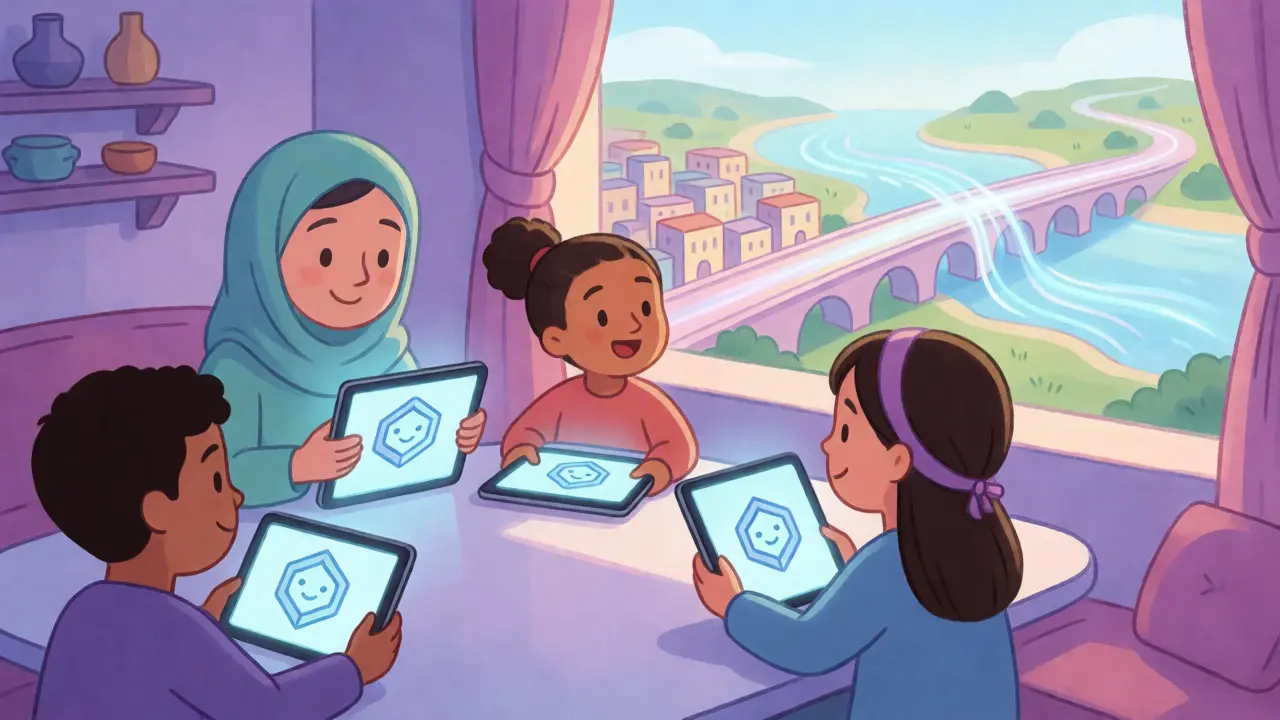 Family using Digital Dirham tablets with global connections