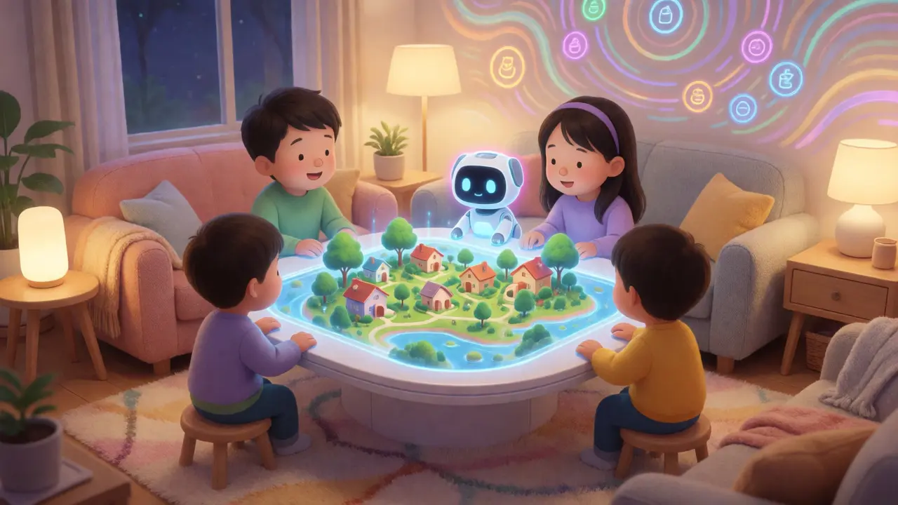 Family viewing a holographic virtual world with evolving digital pets at home.