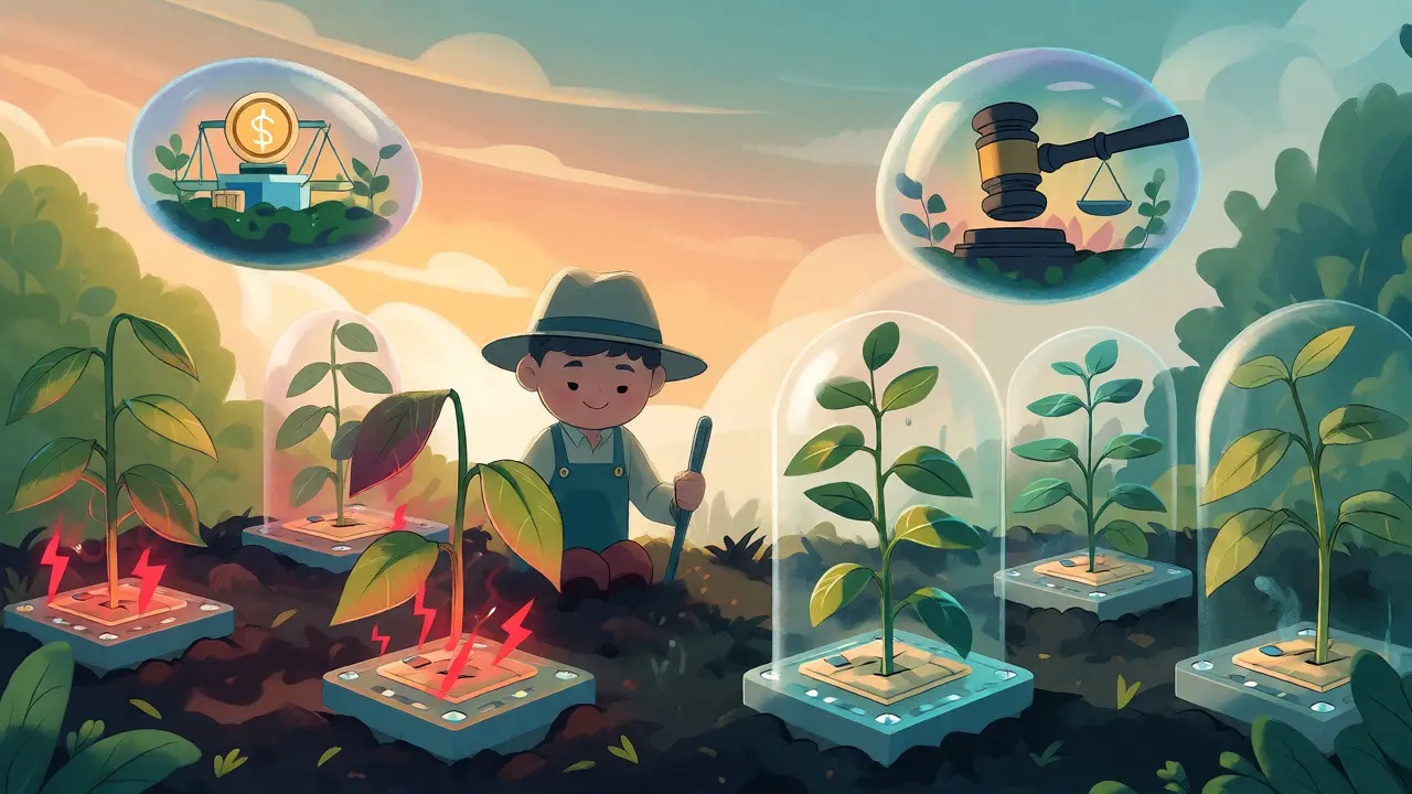 Gardener tending to blockchain plants under protective domes