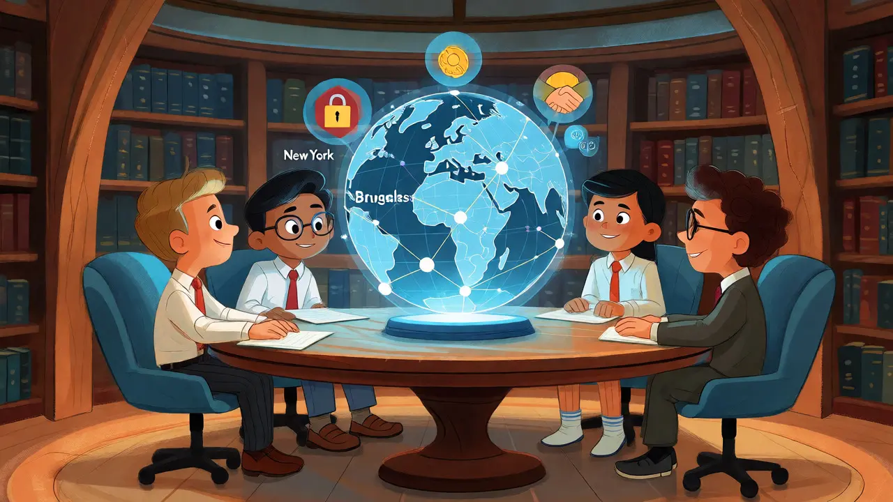 Global leaders reviewing a digital globe of crypto regulations in a library.