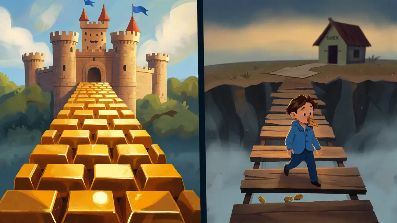 Investor crossing a rickety bridge towards a blurry hut versus a solid golden bridge.