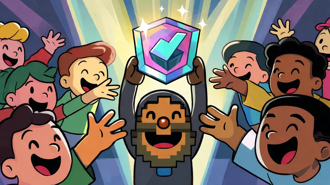 Joyful cartoon characters cheering as a mascot holds up a rare New Era NFT trophy.