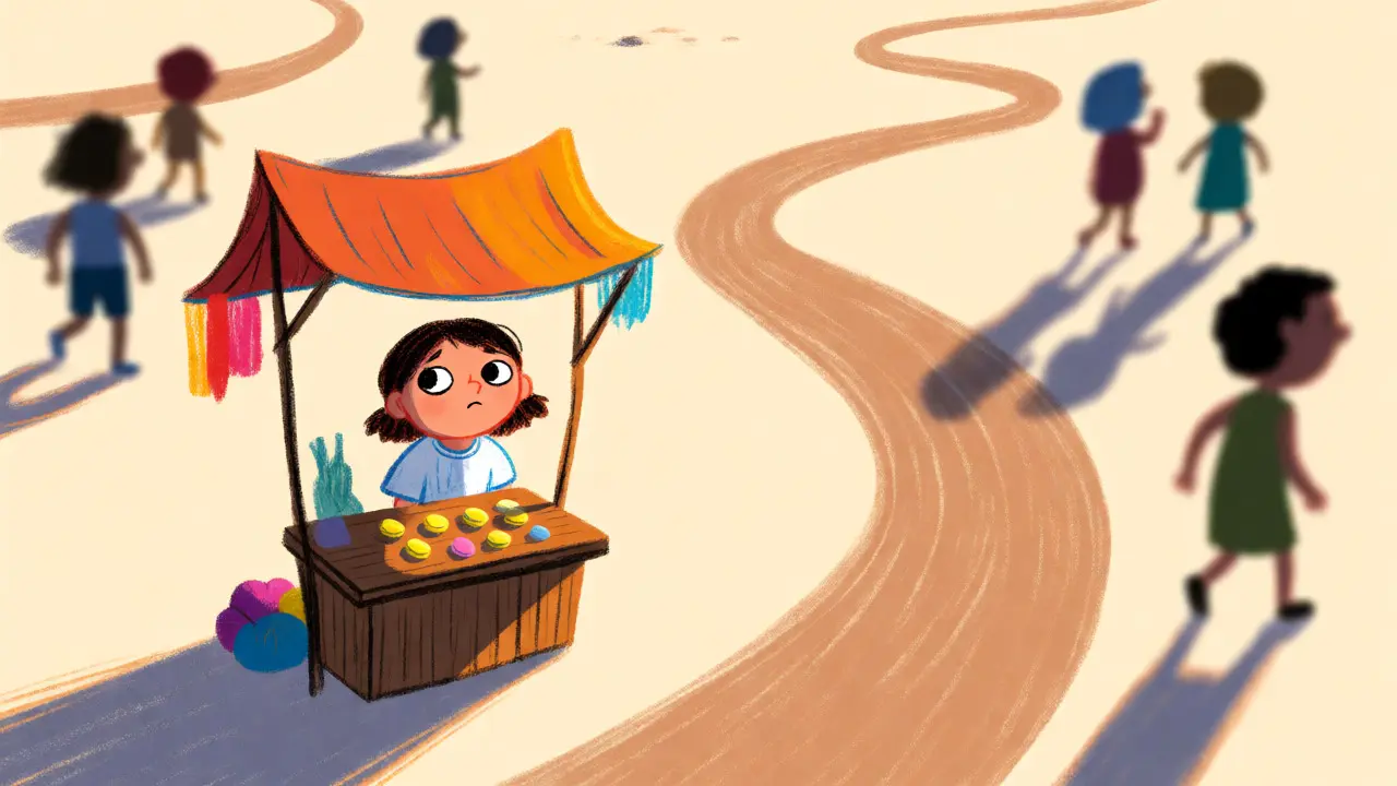 Lonely merchant at a small stall with few items on Mars.