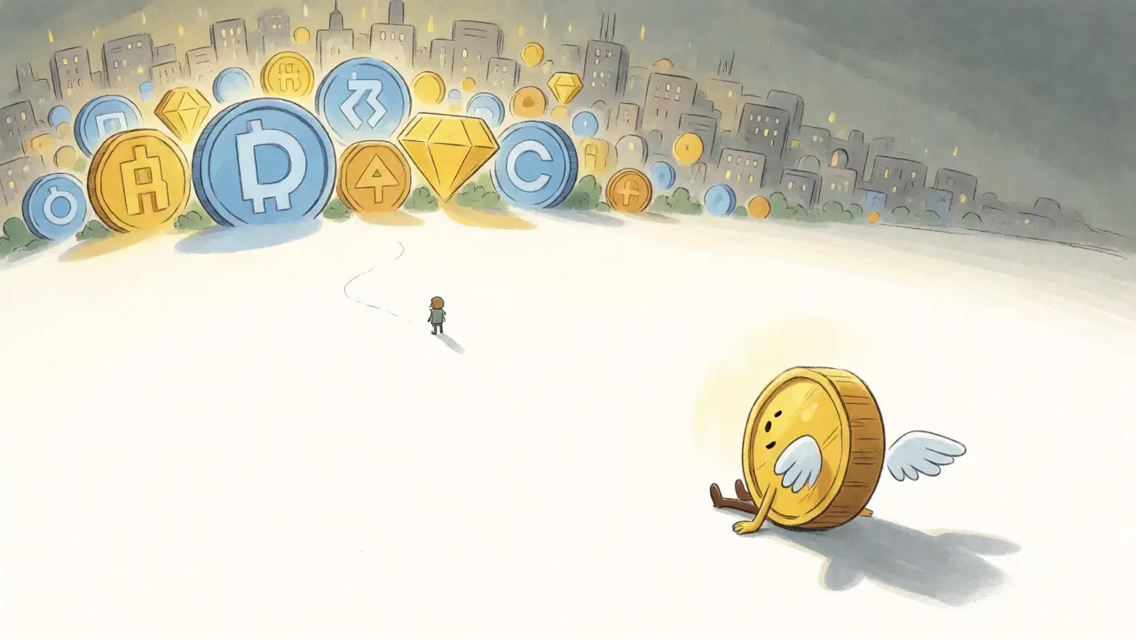 Lonely small coin on an empty plain facing distant major crypto cities