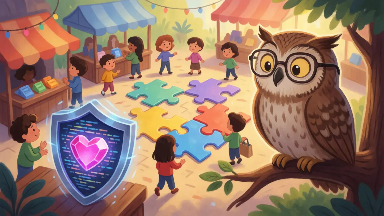 Owl overlooking digital marketplace with shielded private key symbolizing KYC security