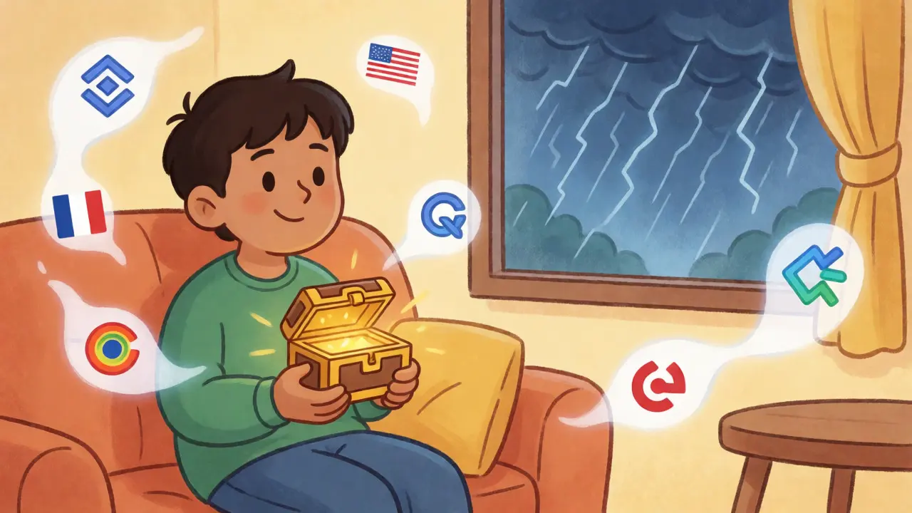 Person holding a glowing hardware wallet safely indoors while storms rage outside.