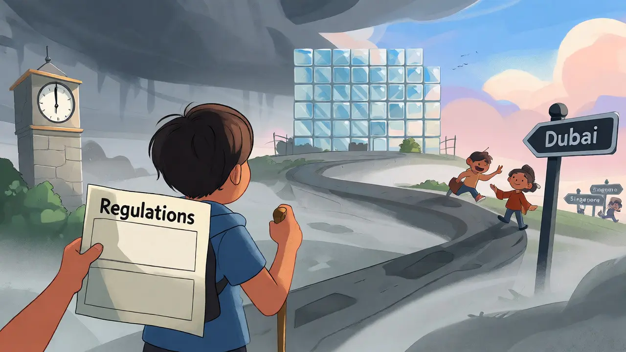 Person navigating a foggy path towards unfinished regulations with travel signs