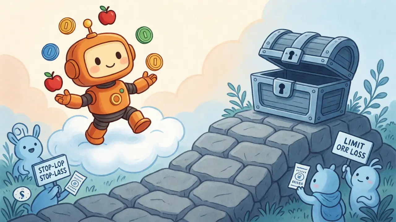 Robot juggling tokens above secure blockchain path illustrating non-custodial trading