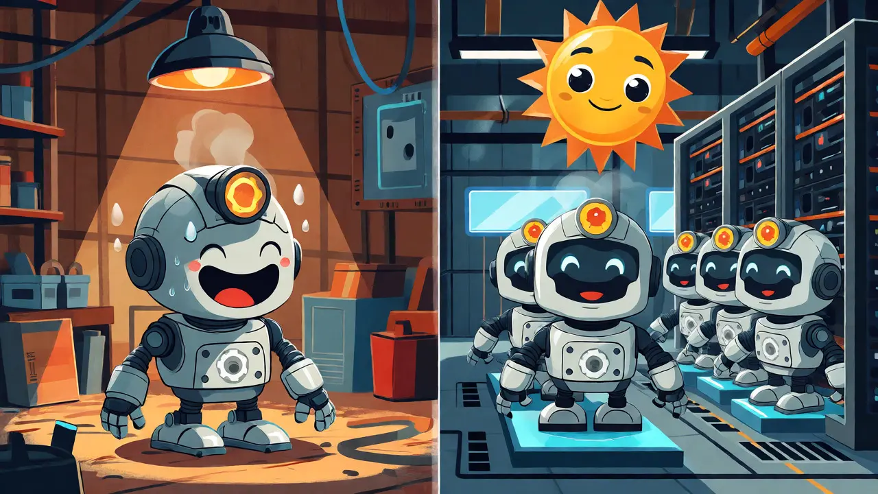 Robot miners in a hot garage versus a cool data center