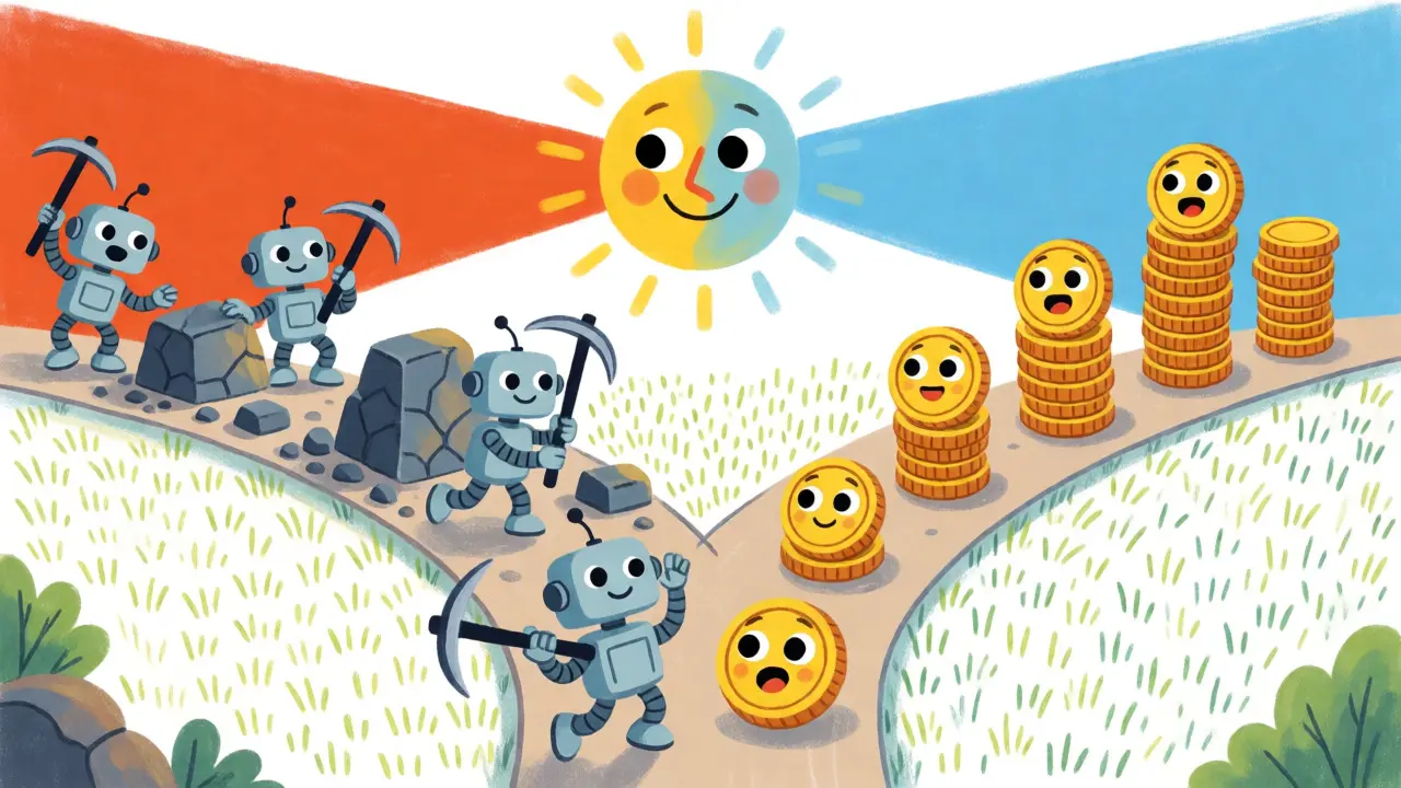 Robots mining stones versus coins stacking to show hybrid consensus