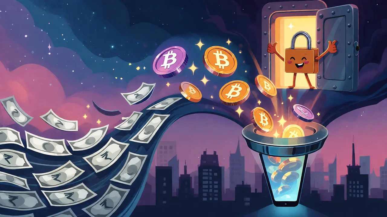 Rupees flowing into a phone to emerge as secure crypto jewels