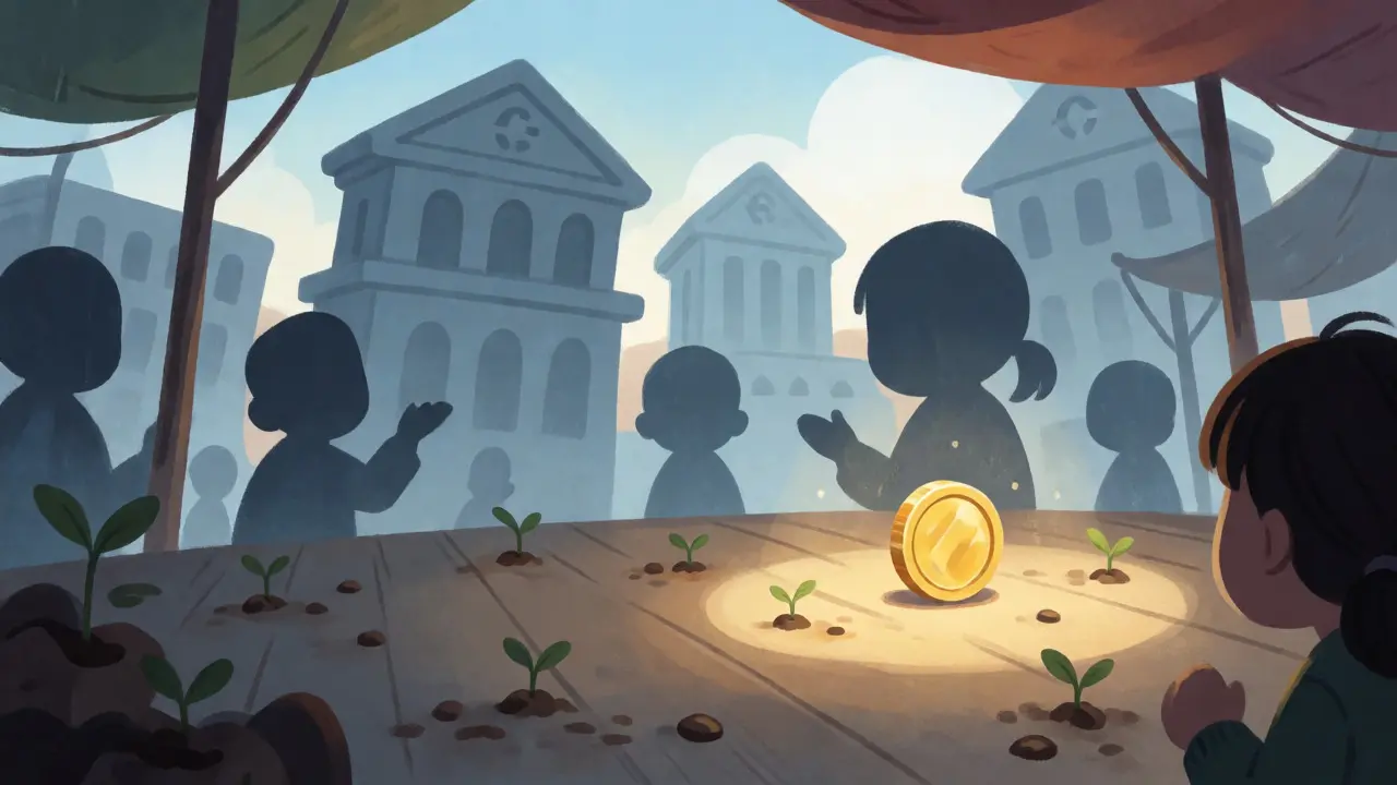 Small glowing coin on a stage surrounded by sprouting community plants