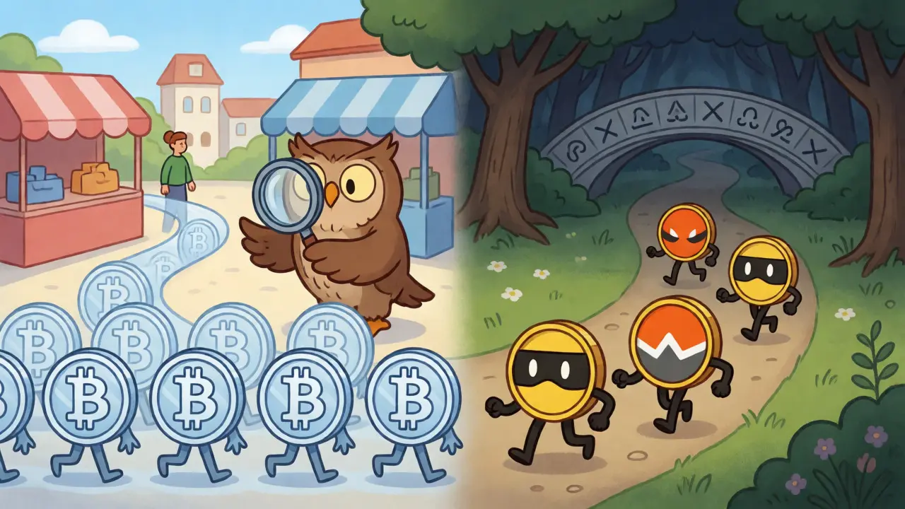 Split scene of transparent coins in a market versus masked coins fleeing to a dark forest.