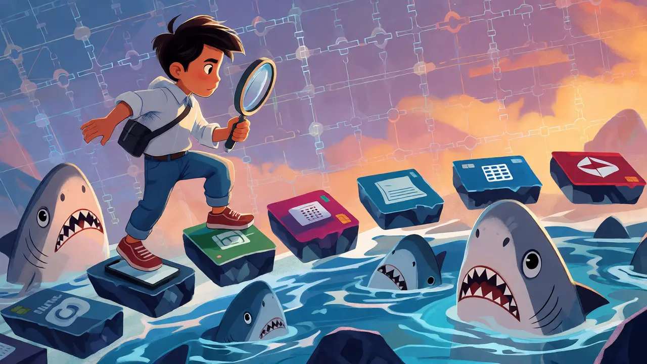 Trader crossing stepping stones over shark-filled water representing financial risks.