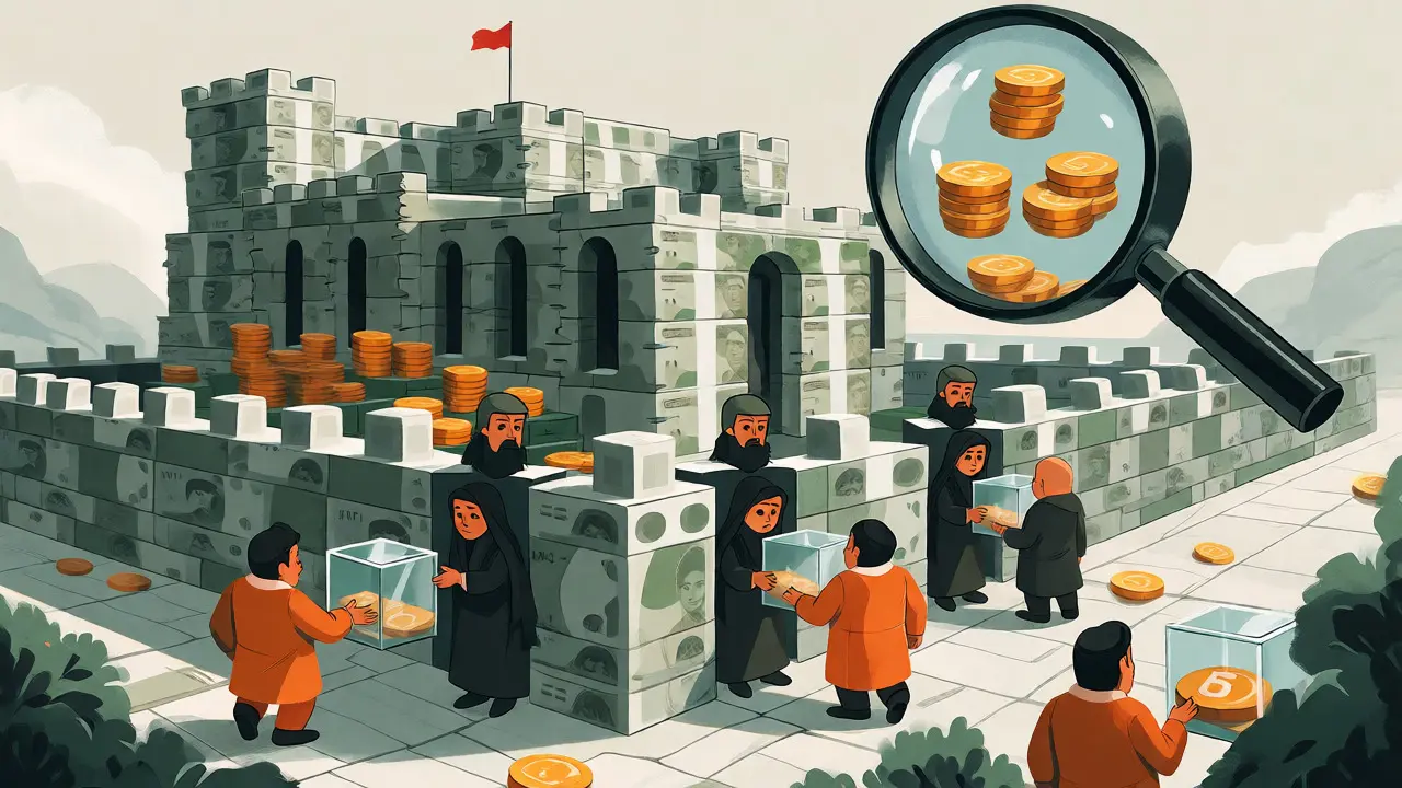 Traders submit data to the Central Bank fortress under strict surveillance.