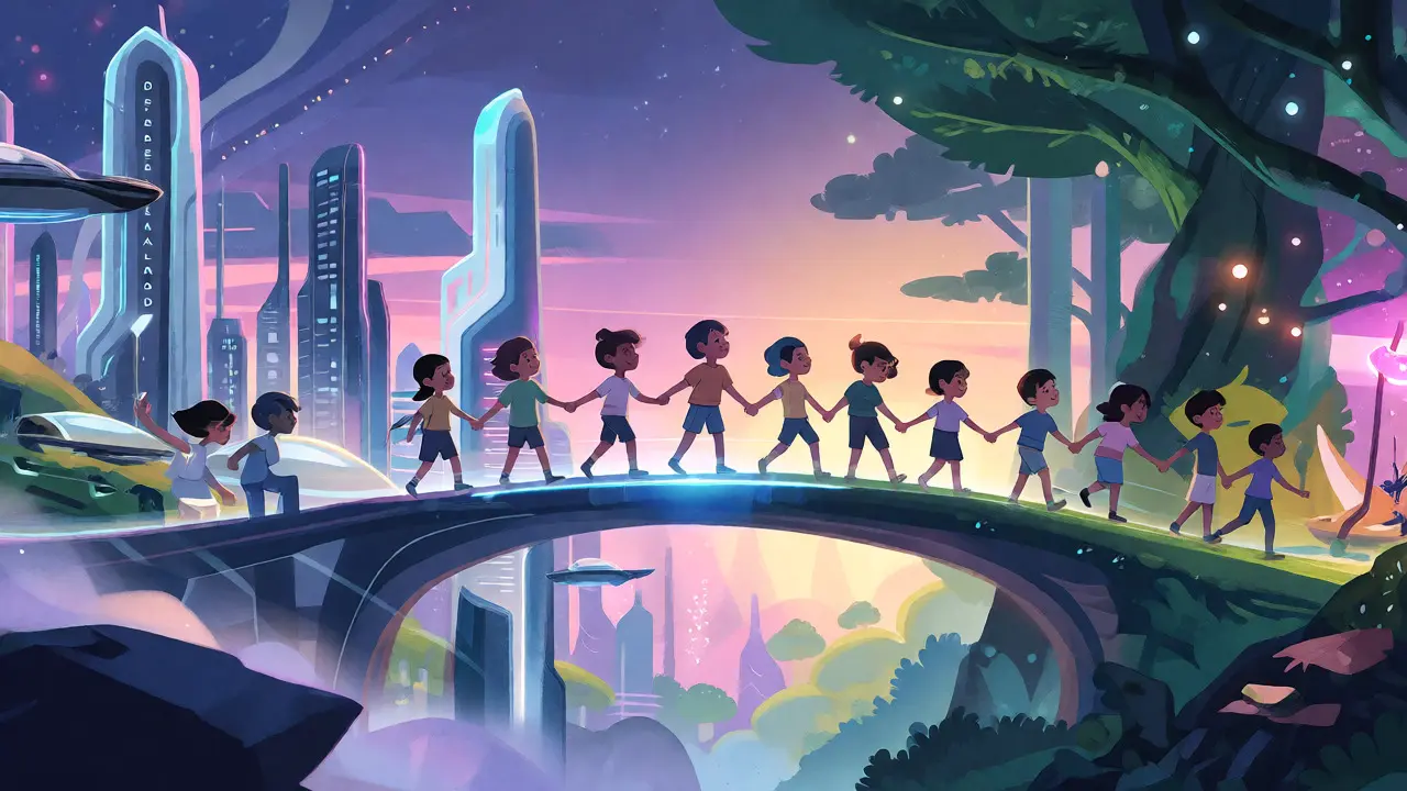 Two distinct digital worlds connected by a bridge of light with children crossing over.