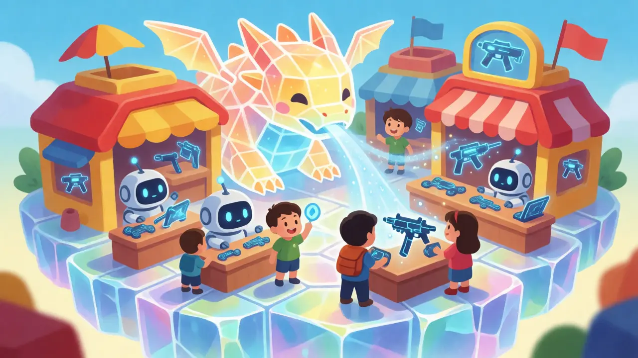 Whimsical digital marketplace with robots selling game items under a data dragon.