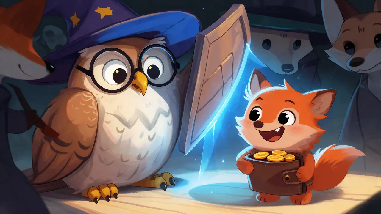 Wise owl protecting a wallet character from sneaky scam shadows with a magic shield.