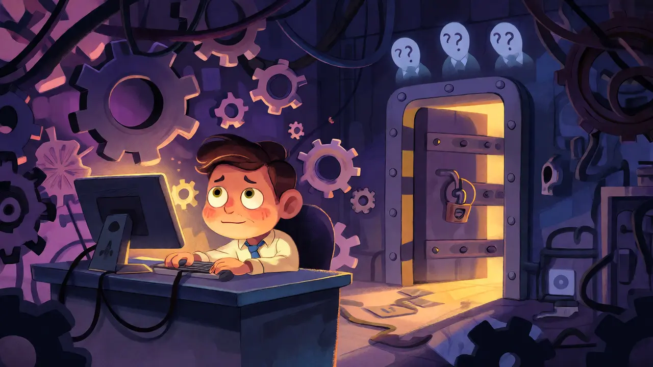 Worried trader in a dark vault with broken gears and no security badges.