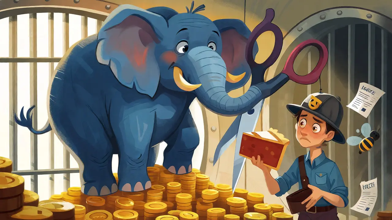 A cartoon elephant cuts a slice from a pie of gold coins while a worried miner watches.