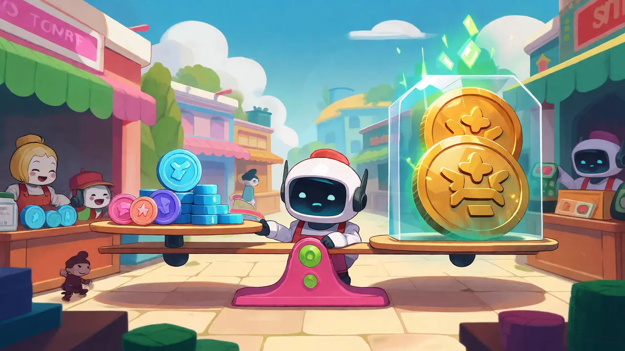 A cartoon marketplace balancing utility tokens against staked governance assets on a large scale.