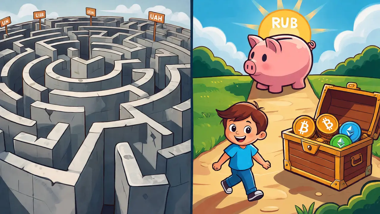 A child choosing a simple path from fiat currency to crypto