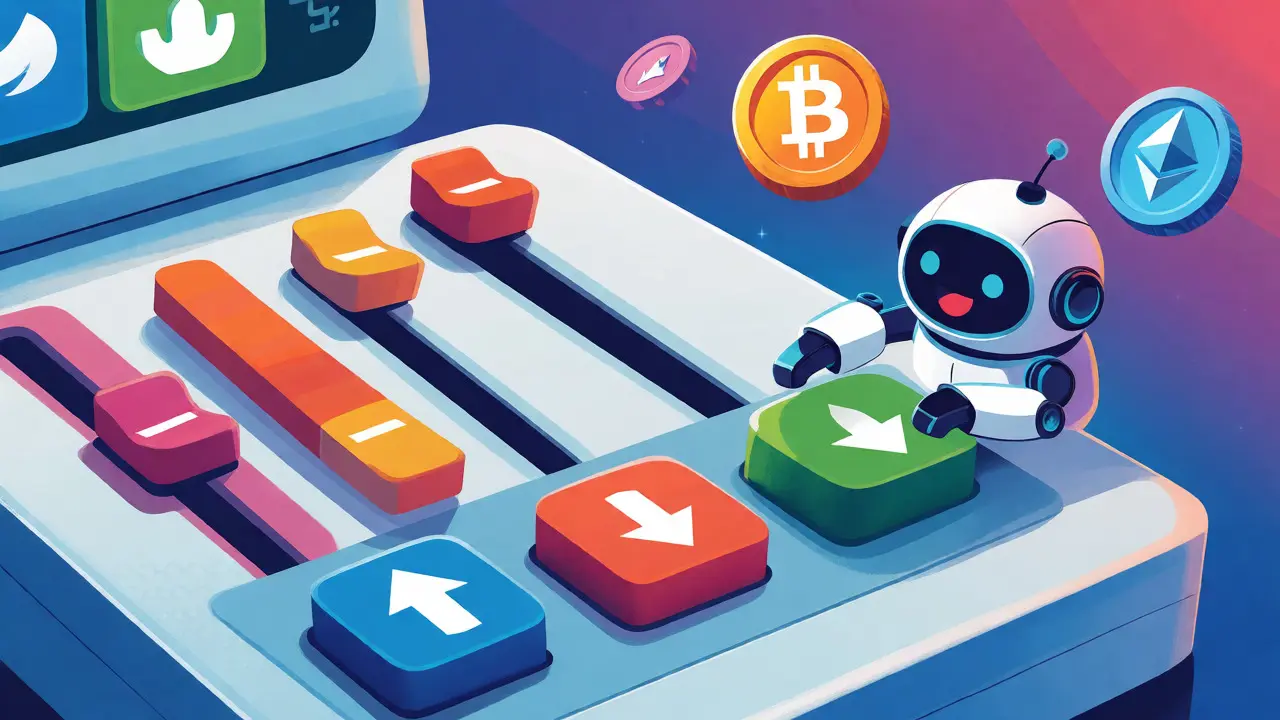 A cute robot operating a simple, colorful trading control panel with coin icons.