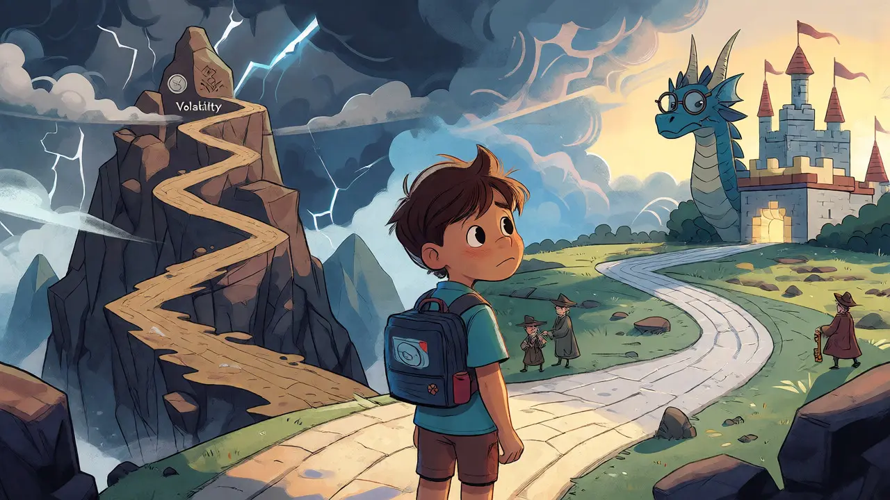 A gamer facing a crossroads between volatile market storms and regulated paths in a fantasy landscape.