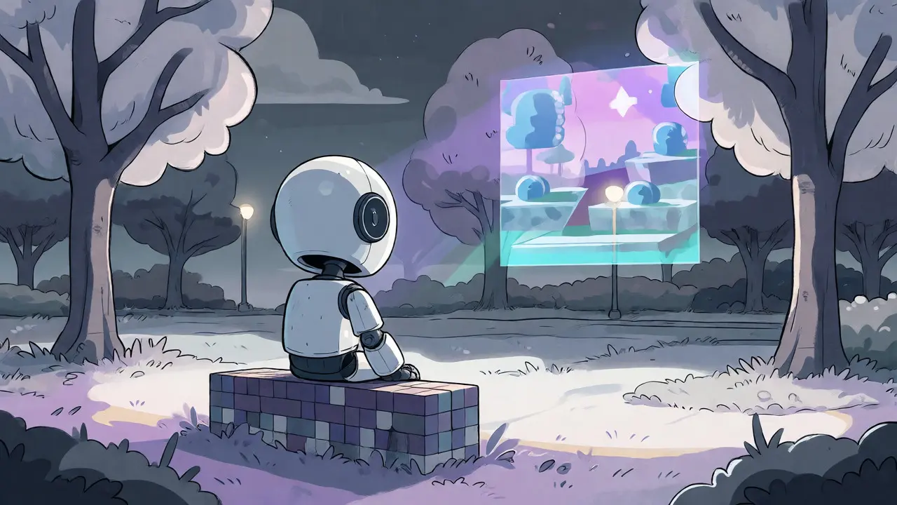 A lone robot avatar sitting on a bench in a quiet digital park, reflecting on past hype.