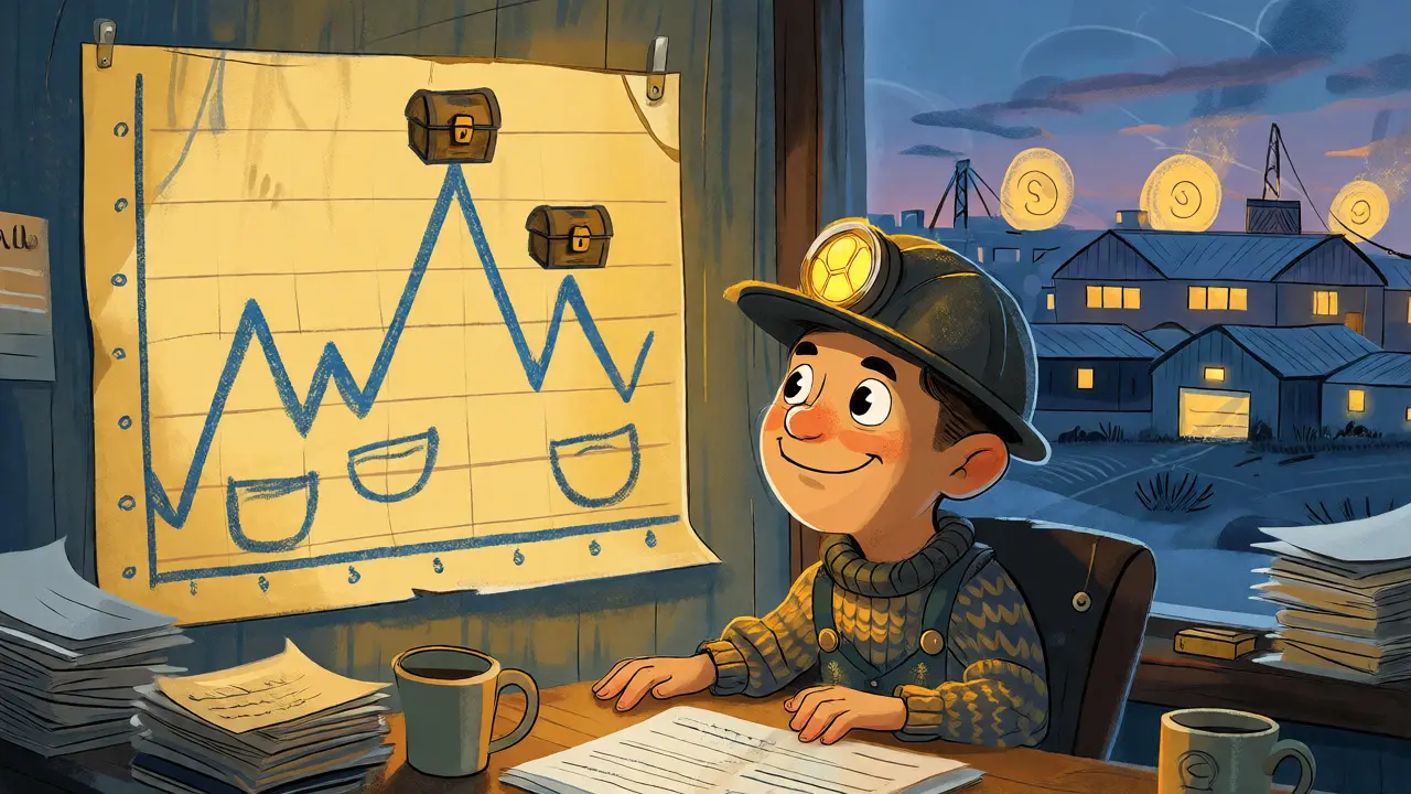 A miner analyzing a crayon-drawn profit chart in a cozy home office.