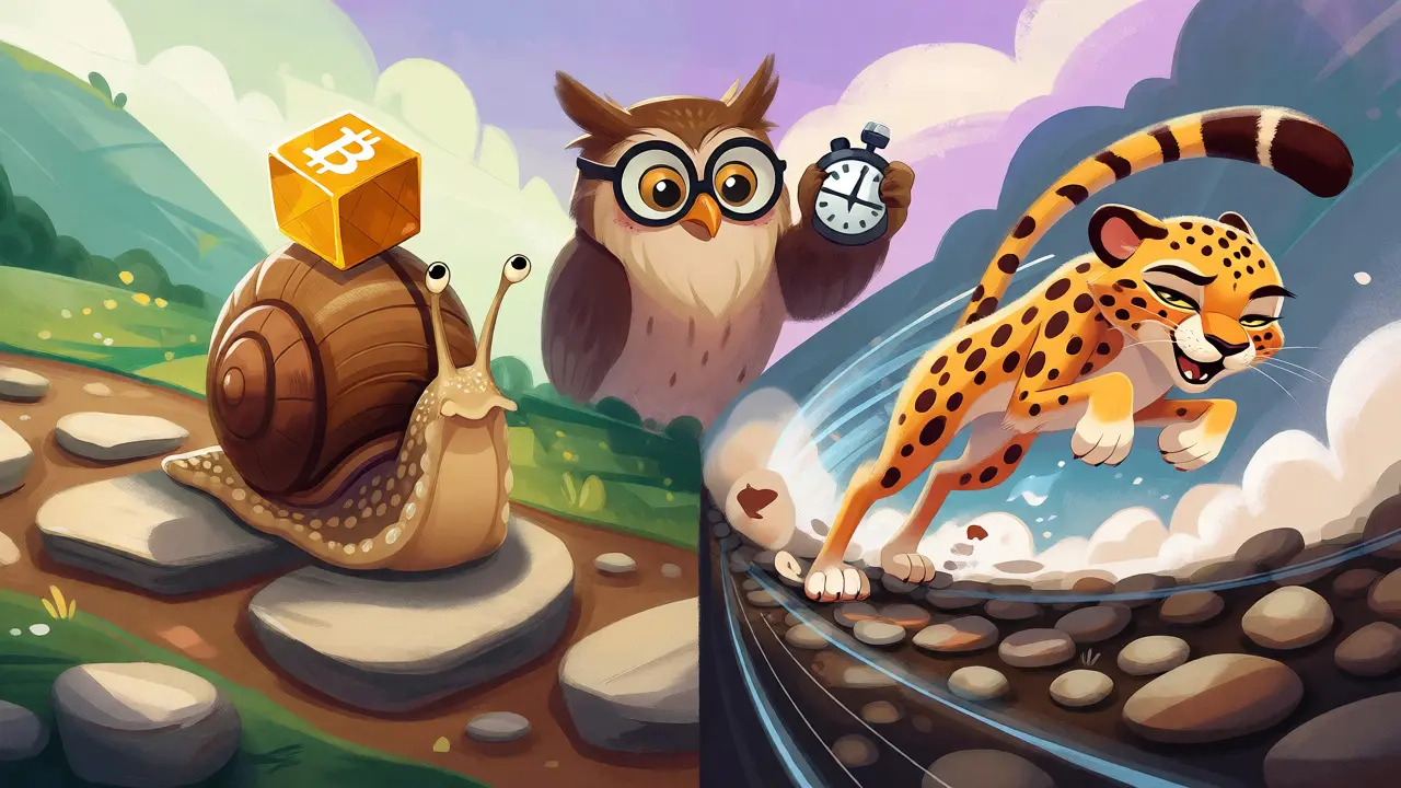 A snail and a cheetah representing different blockchain speeds observed by an owl.