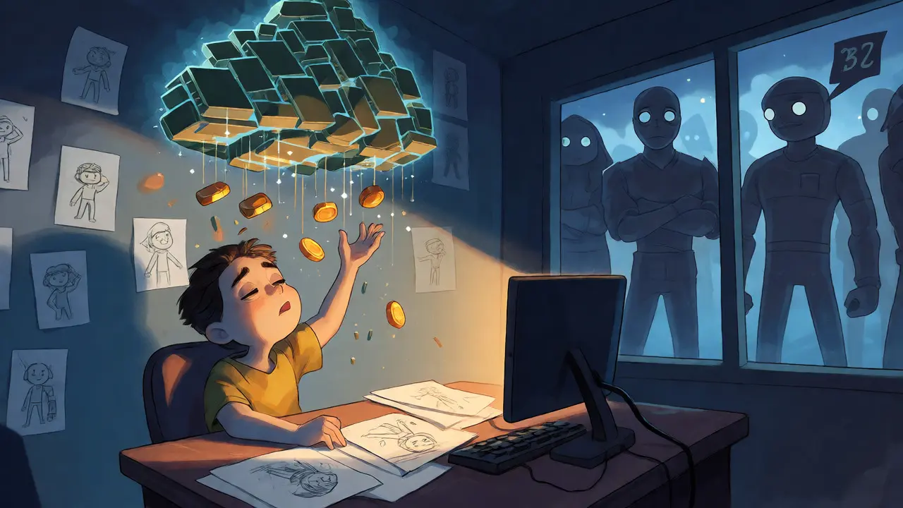 An animator catching falling GPU tokens from a digital cloud while shadowy giants watch.
