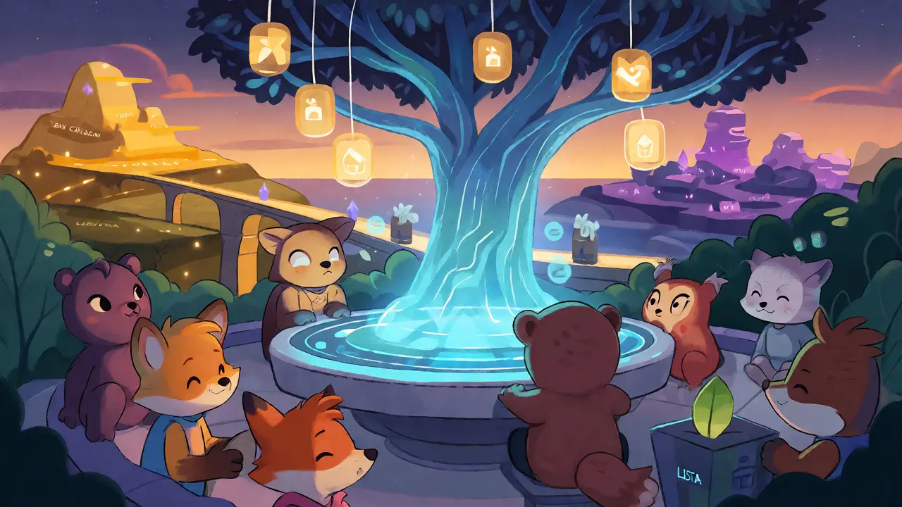 Animal characters gathering around a governance tree in a digital forest