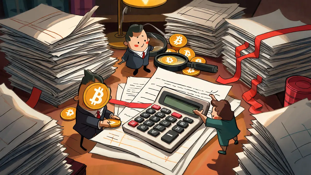 Cartoon accountants sorting through piles of crypto documents