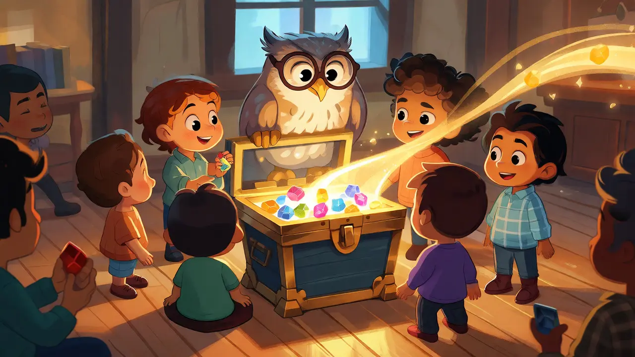 Cartoon characters investing in a glowing treasure chest guarded by an owl.