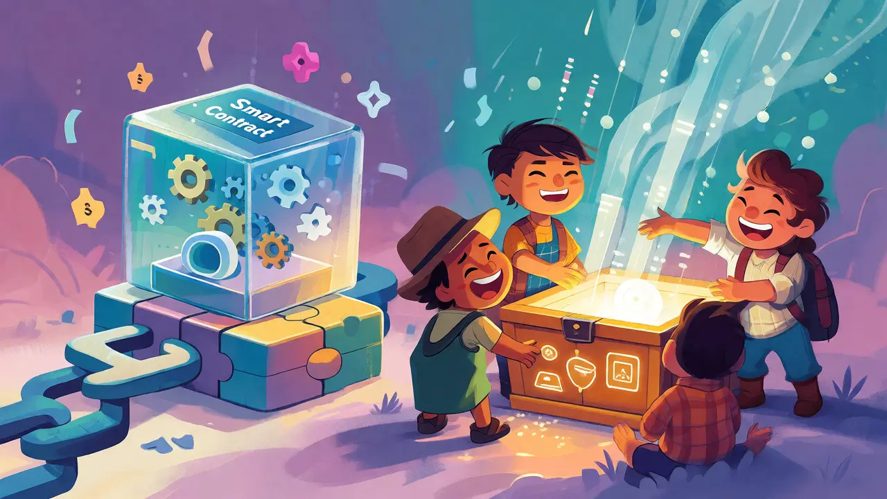 Cartoon characters pooling funds into a smart contract treasure chest via blockchain.