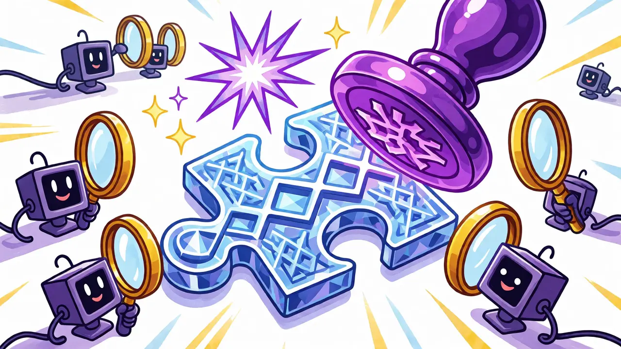 Cartoon depiction of a cryptographic seal creating a unique digital signature for a transaction.