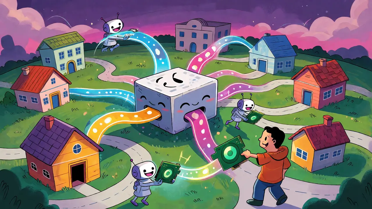 Cartoon houses connecting via roads to a central blockchain hub sharing GPU power.