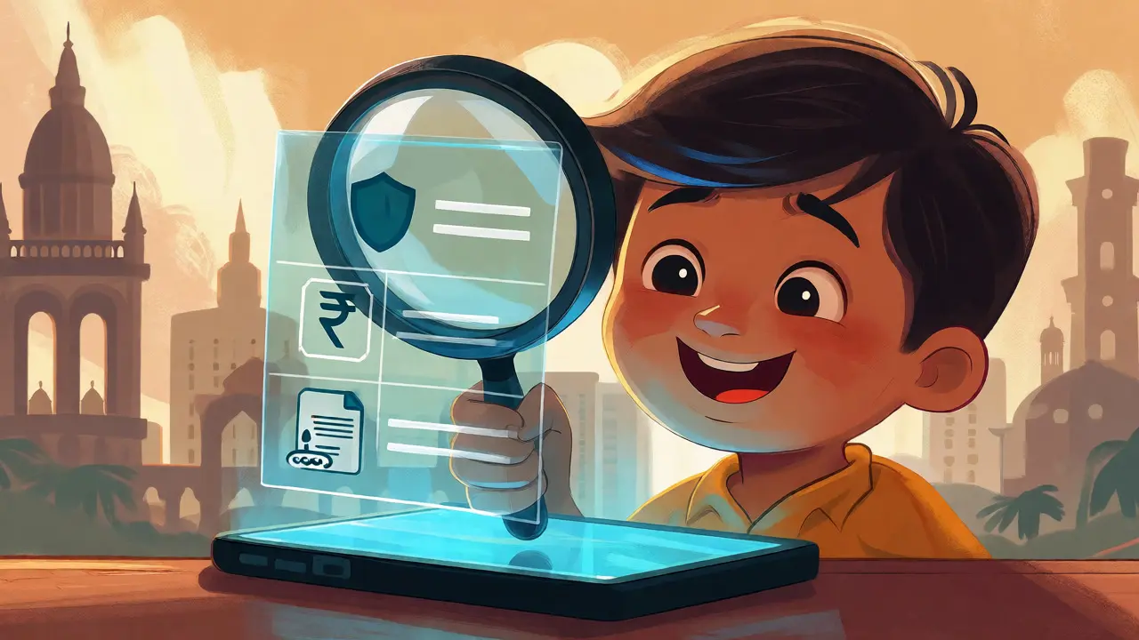 Character using magnifying glass to verify crypto compliance icons