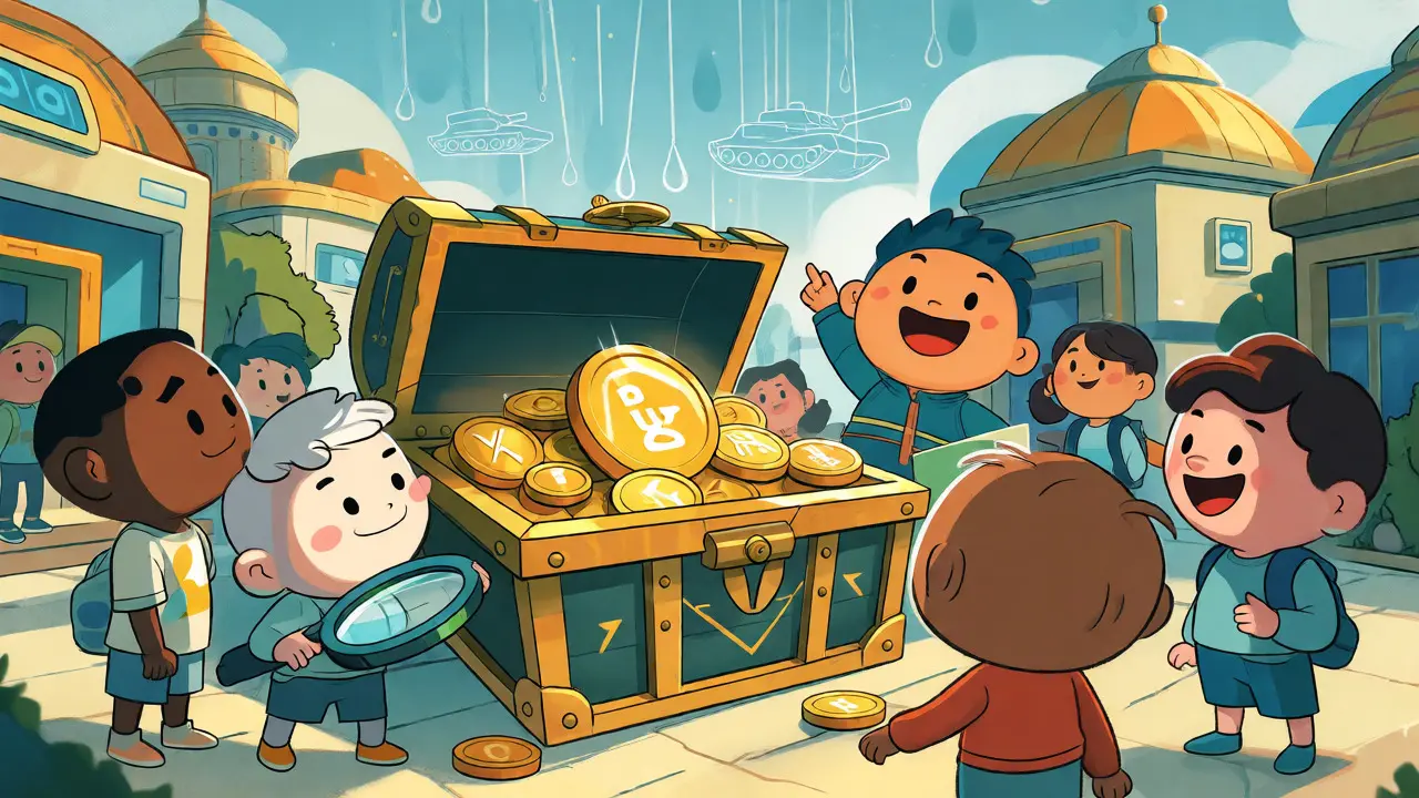 Characters celebrating a treasure drop