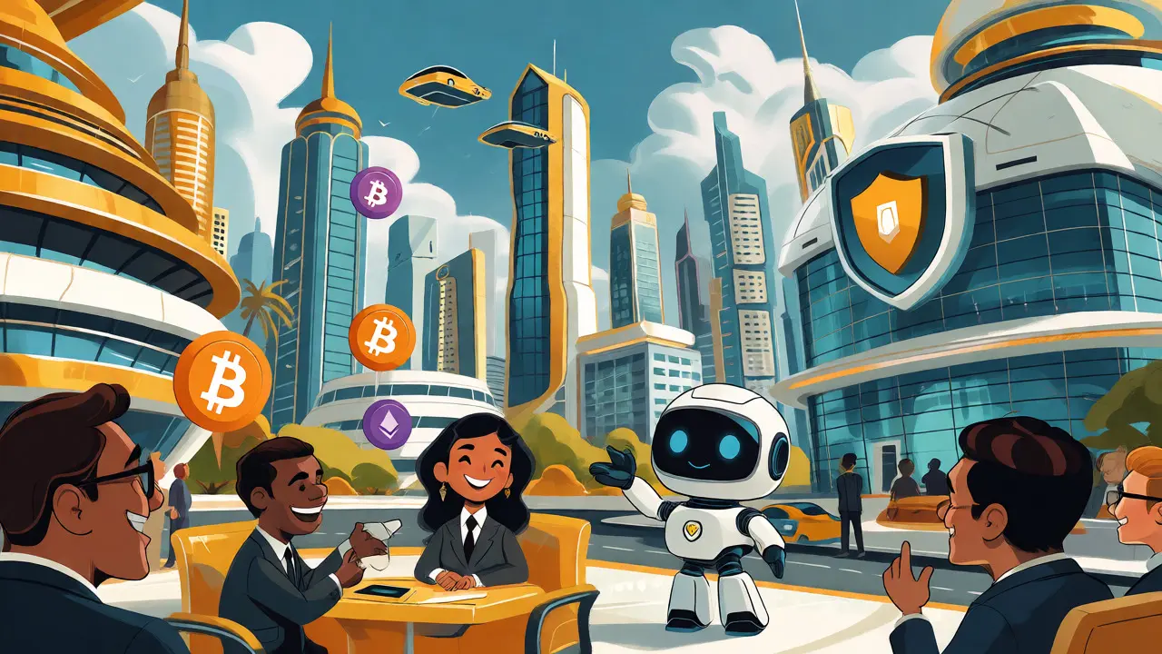 Cheerful cartoon investors trading digital assets in a futuristic zero-tax city hub