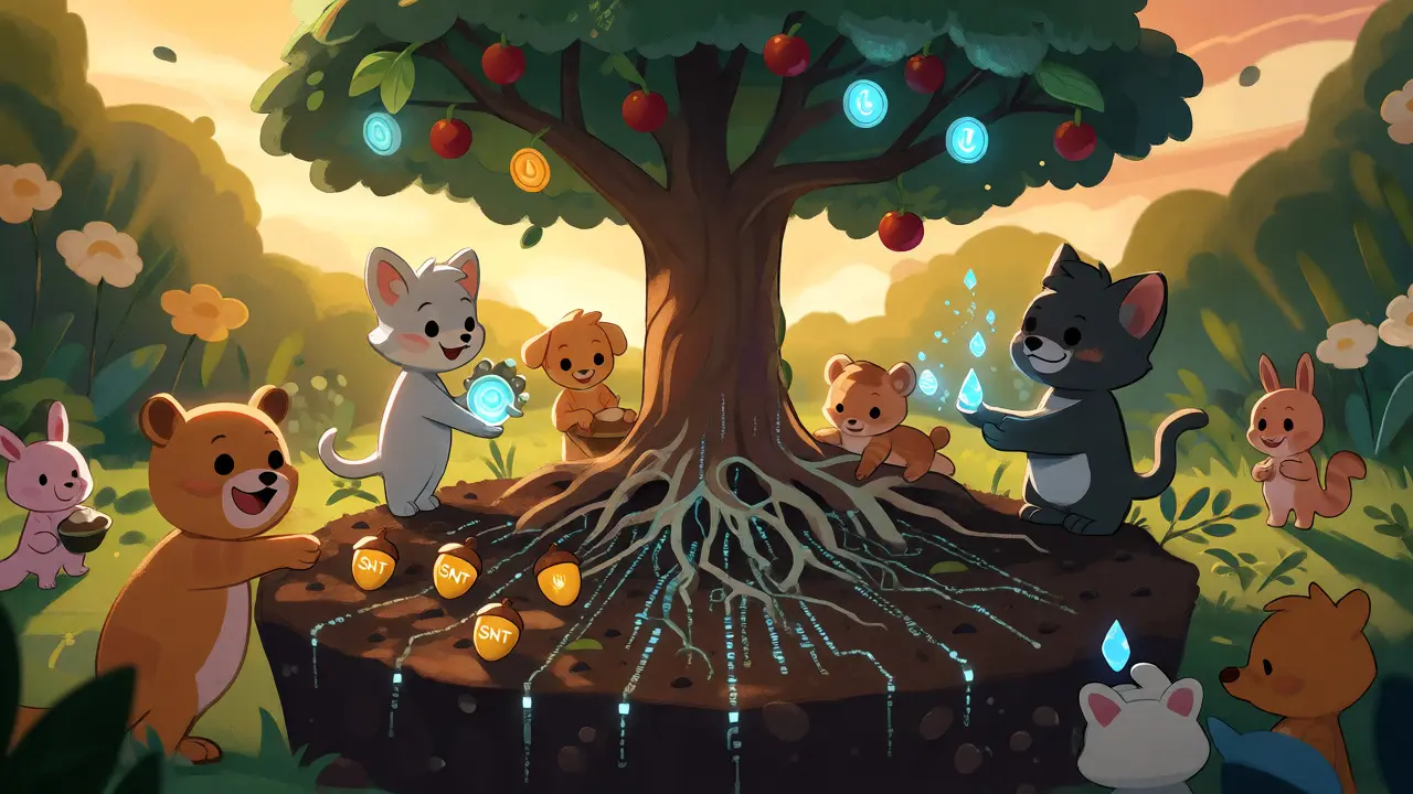 Community tending a digital tree with SNT and Karma tokens.