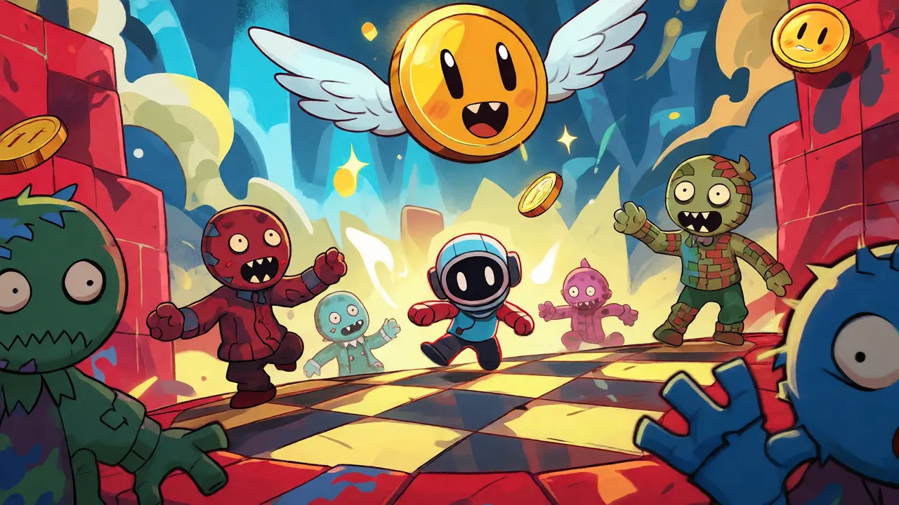 Cute avatar playing in a vibrant game arena with flying coins