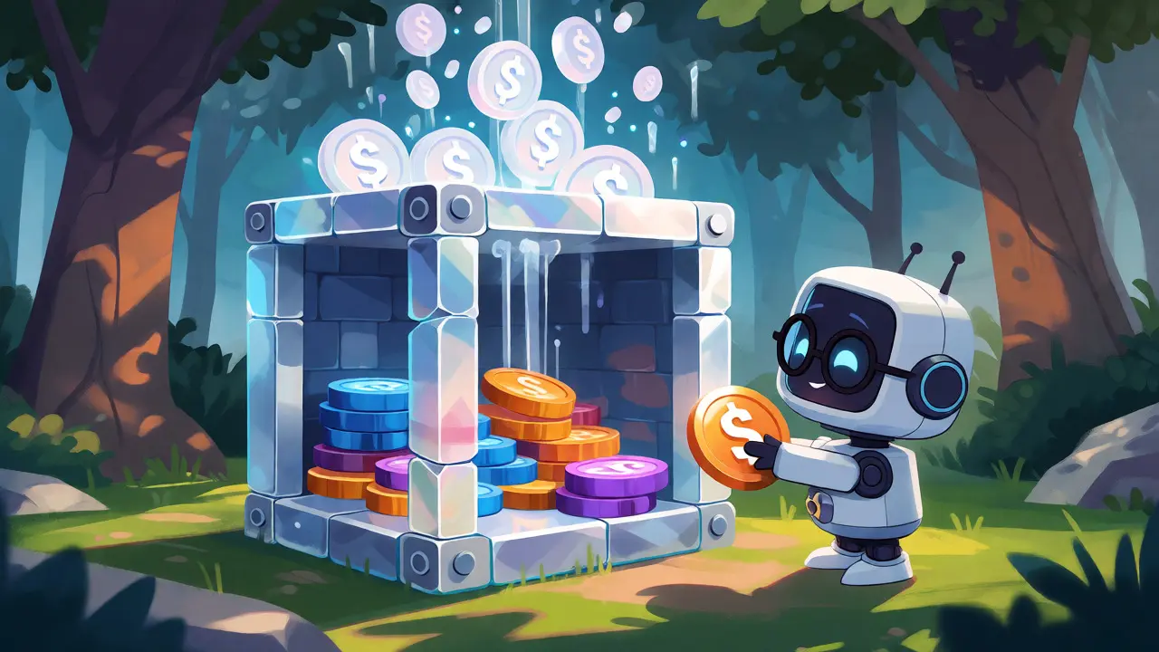 Cute robot depositing tokens into a crystal vault to mint lisUSD