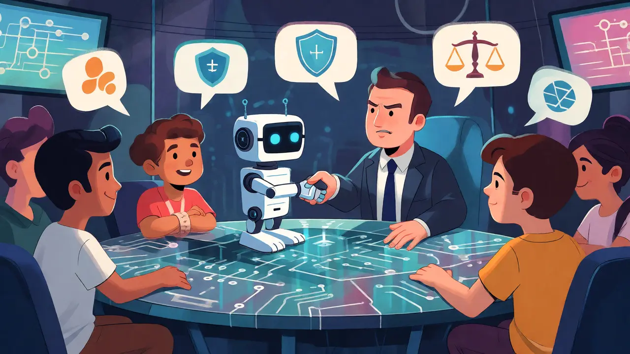 Developers and officials collaborating around a smart contract table.