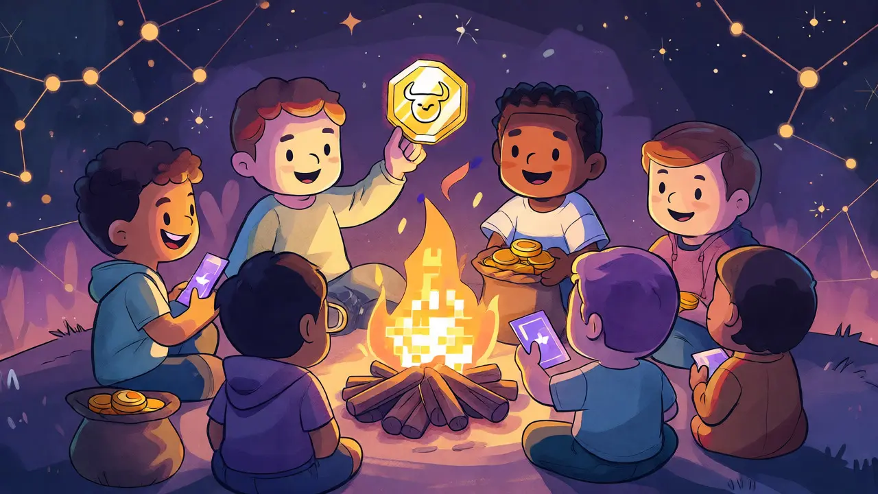 Diverse avatars sharing rewards around a pixelated campfire