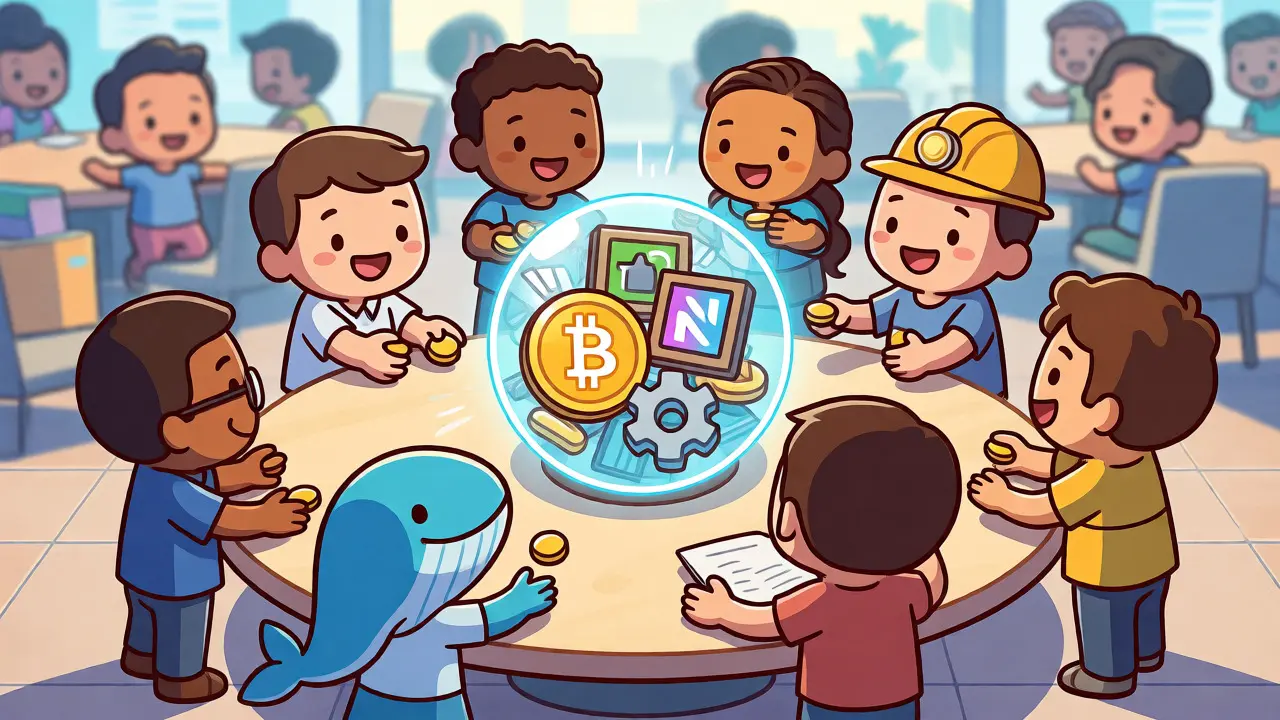 Diverse cartoon traders exchanging tokens over a central asset orb