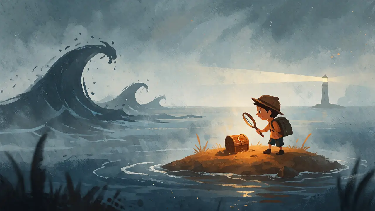 Explorer cautiously examining a small treasure chest amidst misty waves