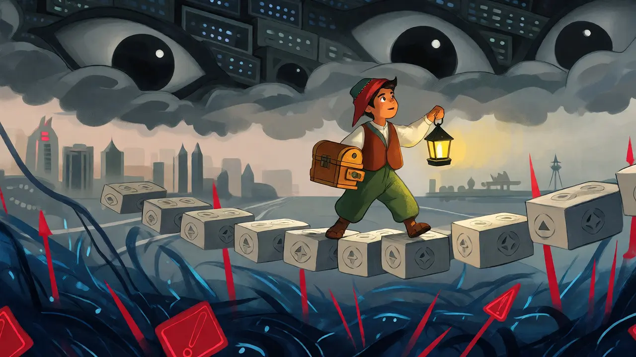 Explorer navigating a bridge of blockchain blocks under surveillance eyes.